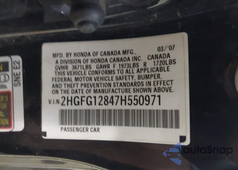 2007 Honda Civic Ex z USA, uszkodzony, nr VIN 2HGFG12847H550971